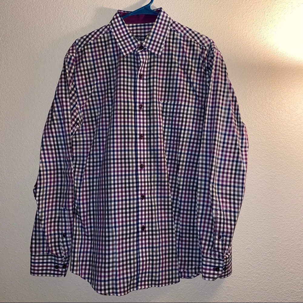 Tasso Elba Purple Checkered Print Button Up